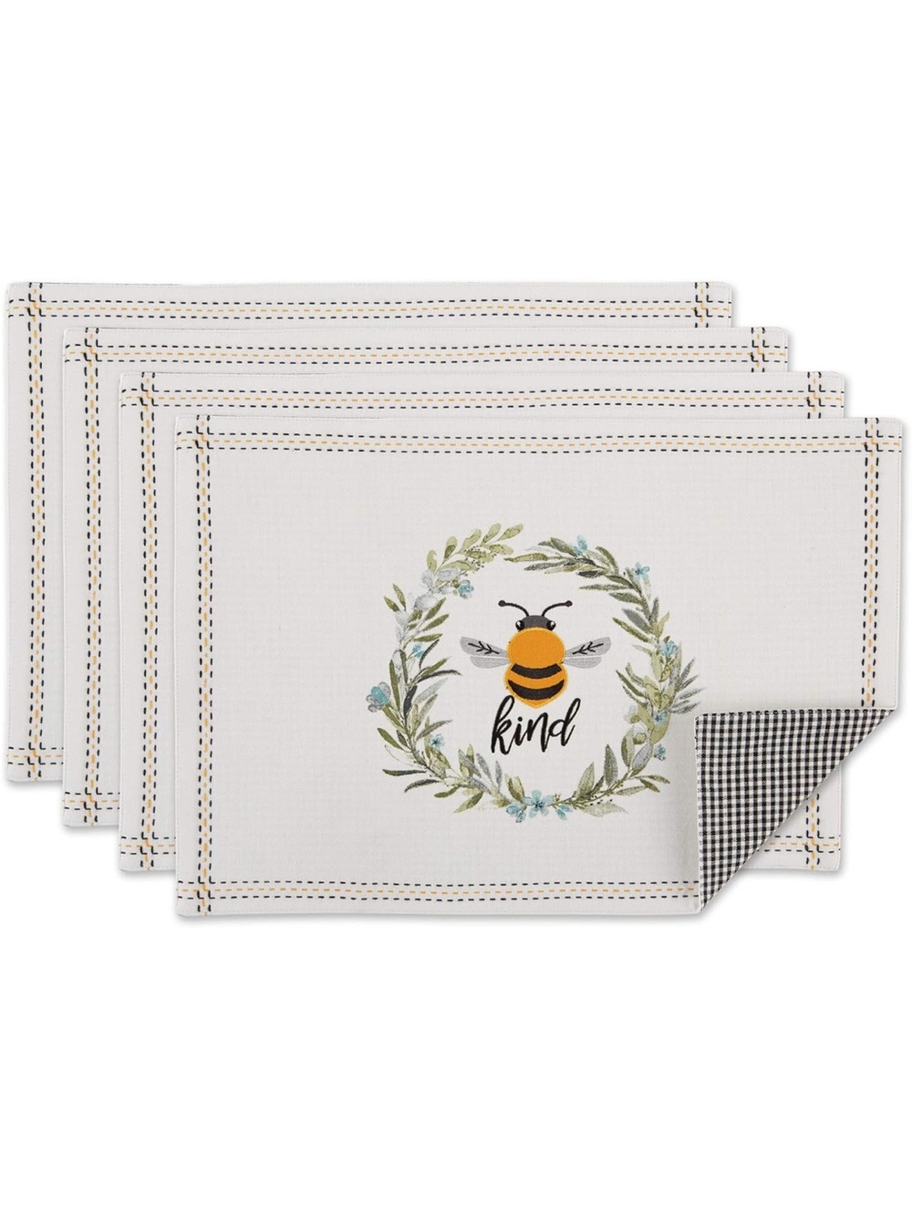 “Kind” Bee Wreath/ Checkered Reversible white Placemat (Set of 6)